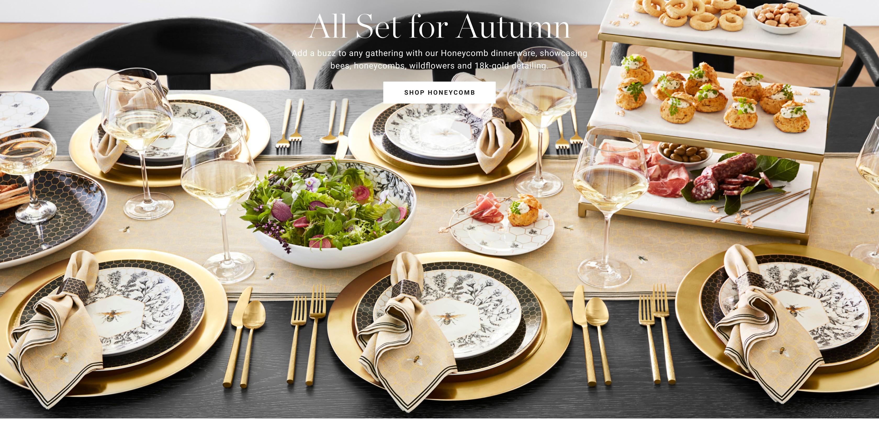 All Set for Autumn | Add a buzz to any gathering with our Honeycomb Dinnerware, showcasing bees, honeycombs, wildflowers and 18k gold detailing. | Honeycomb Collection