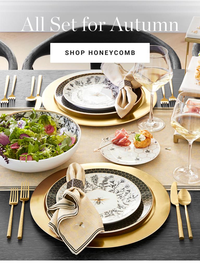 All Set for Autumn | Add a buzz to any gathering with our Honeycomb Dinnerware, showcasing bees, honeycombs, wildflowers and 18k gold detailing. | Honeycomb Collection