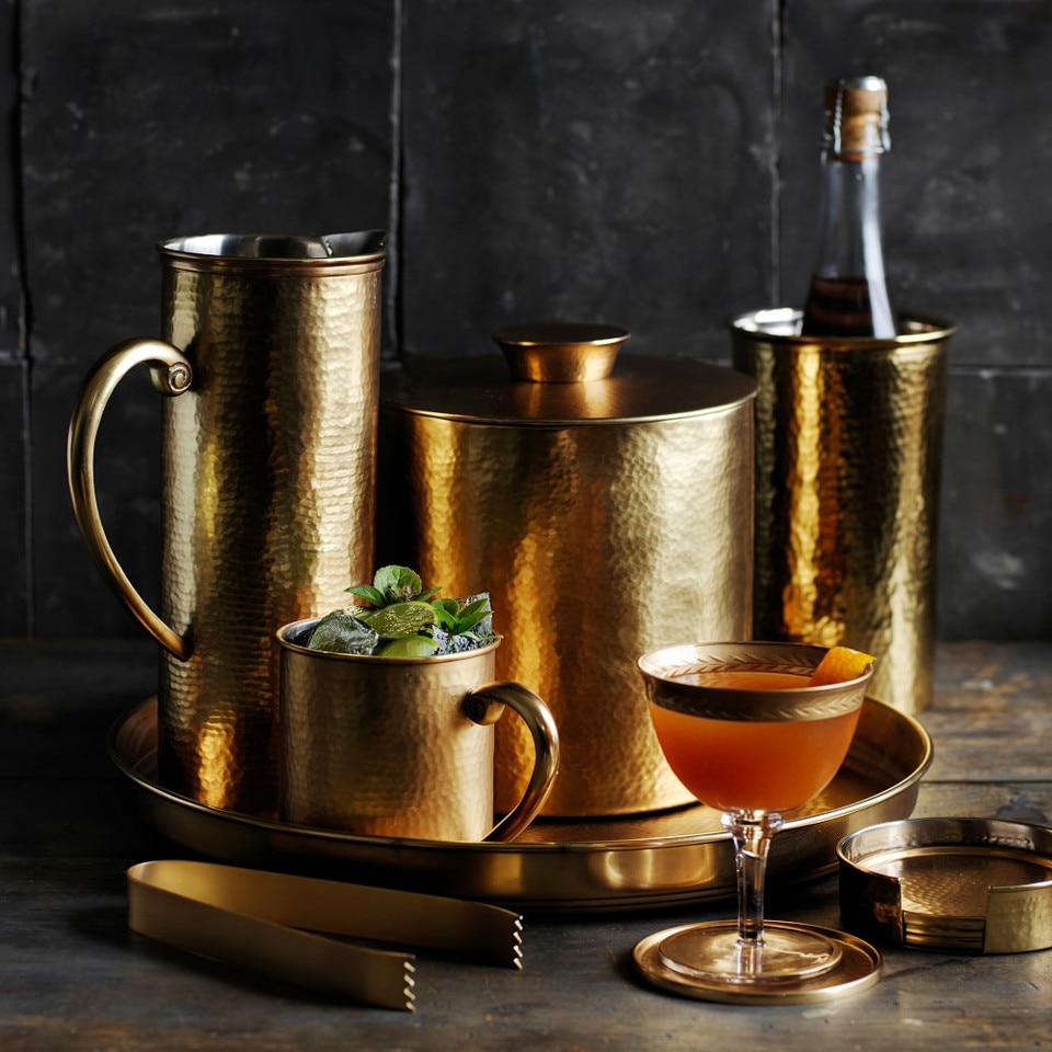 Antique Brass Hammered Coasters with Holder, Set of 4