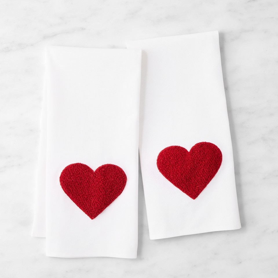 Embroidered Heart Tea Towels, Set of 2