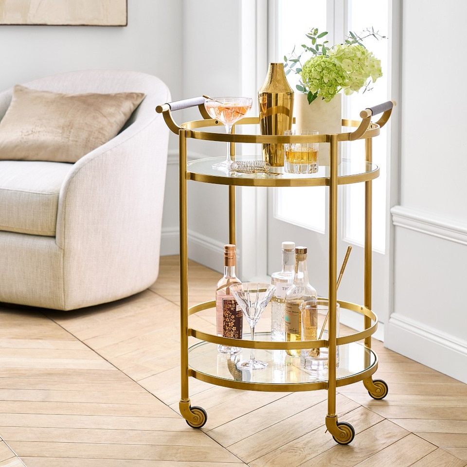 Truman Round Bar Cart, Antique Brass, Saddle Leather