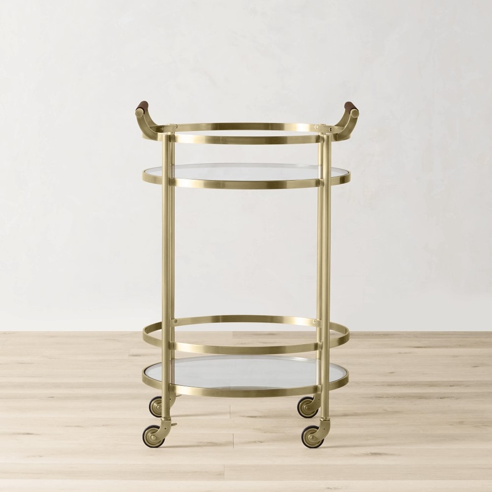 Truman Round Bar Cart, Antique Brass, Saddle Leather