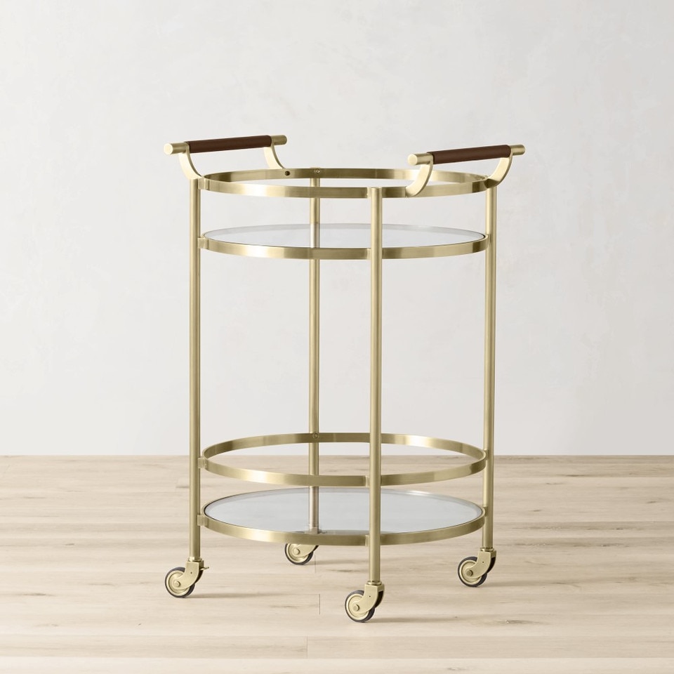 Truman Round Bar Cart, Antique Brass, Saddle Leather
