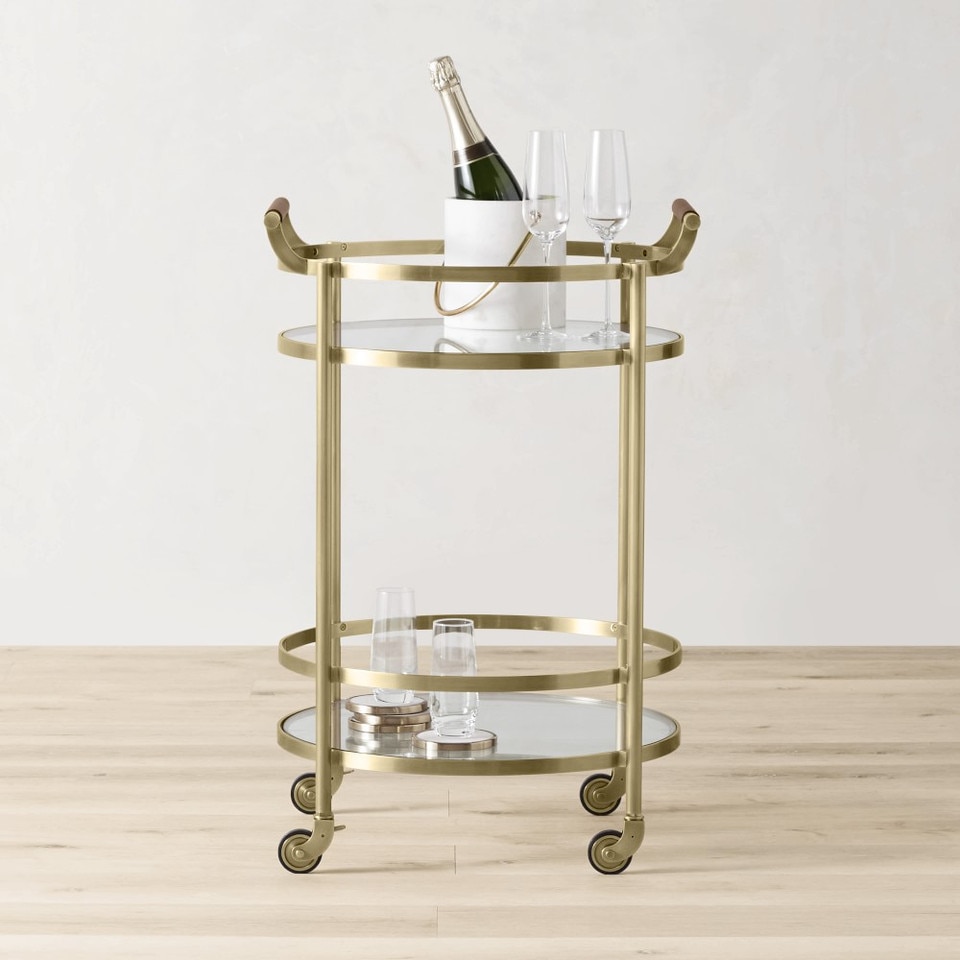 Truman Round Bar Cart, Antique Brass, Saddle Leather