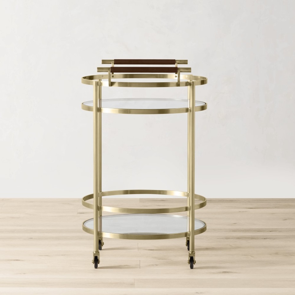 Truman Round Bar Cart, Antique Brass, Saddle Leather