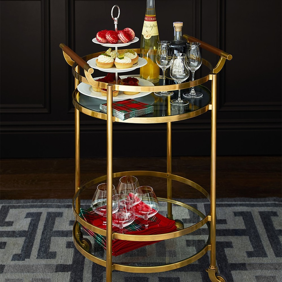 Truman Round Bar Cart, Antique Brass, Saddle Leather