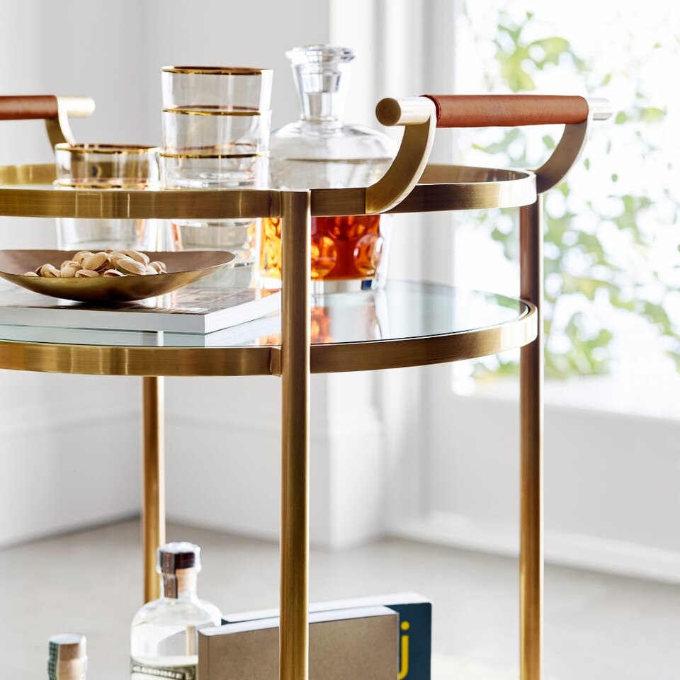 Truman Round Bar Cart, Antique Brass, Saddle Leather