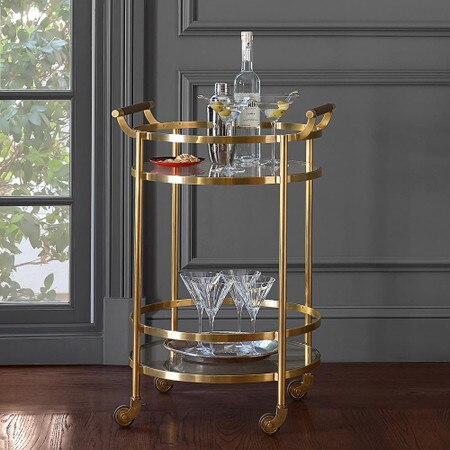 Truman Round Bar Cart Antique Brass Saddle Leather Williams Sonoma Au Truman Round Bar Cart Antique Brass, Round Bar Cart Gold