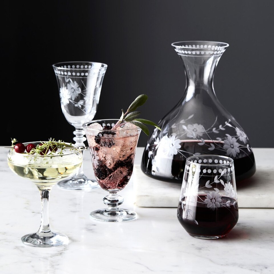 Vintage Etched Stemless Wine Glass